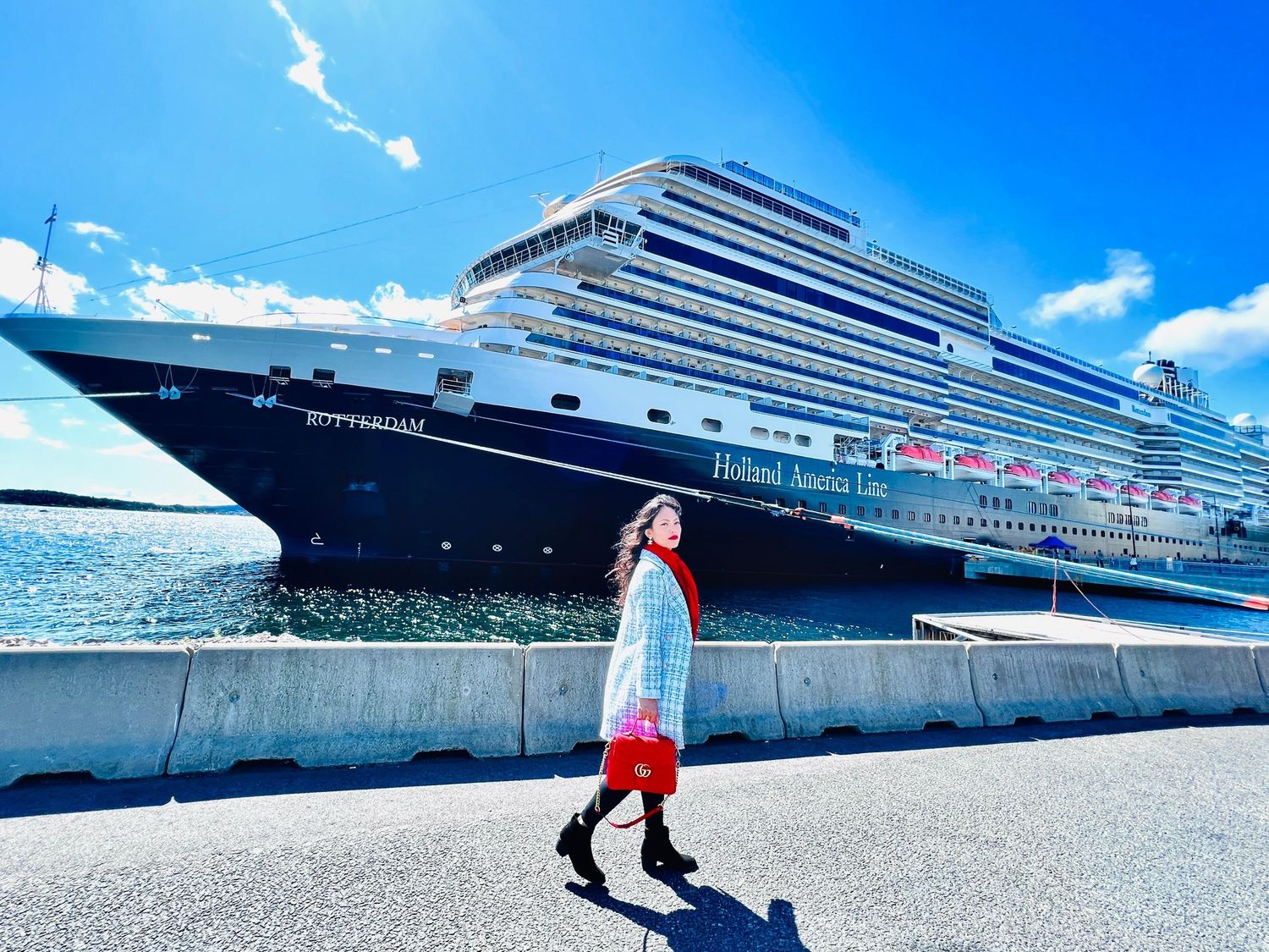 Large cruise ship docked at port with bright blue sky and white clouds overhead.