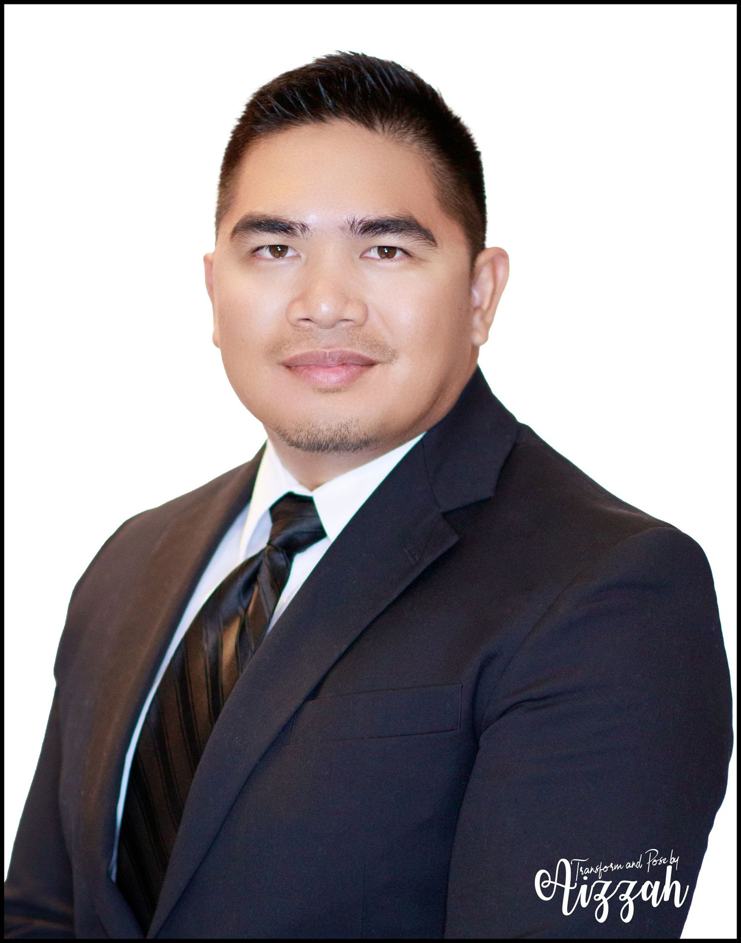 Professional headshot series of person in dark suit and tie against white background.