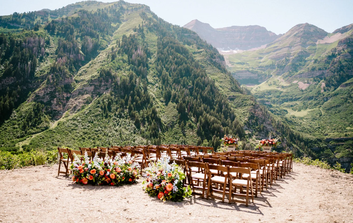 Wedding ceremony at Sundance Resort in Sundance, Utah. Mountain wedding backdrop at Mandan Summit.