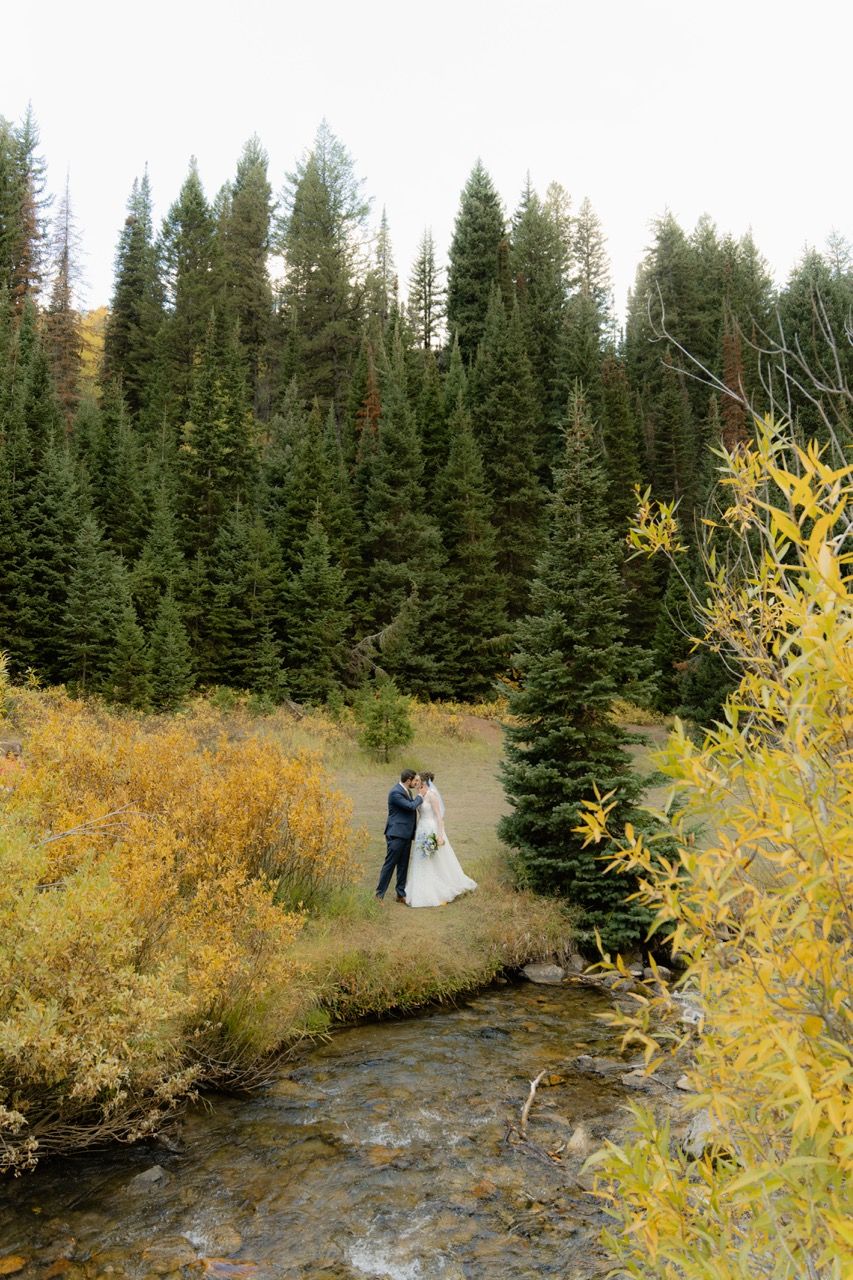 Bride and groom in Utah wedding photographed by Jensen Photo & Film. Mountain wedding backdrop