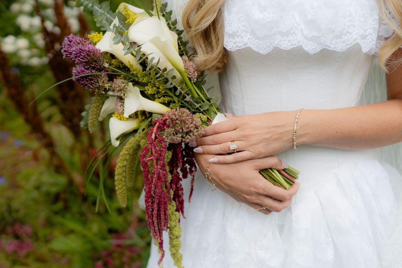 Chartreuse and plum wedding bridal bouquet