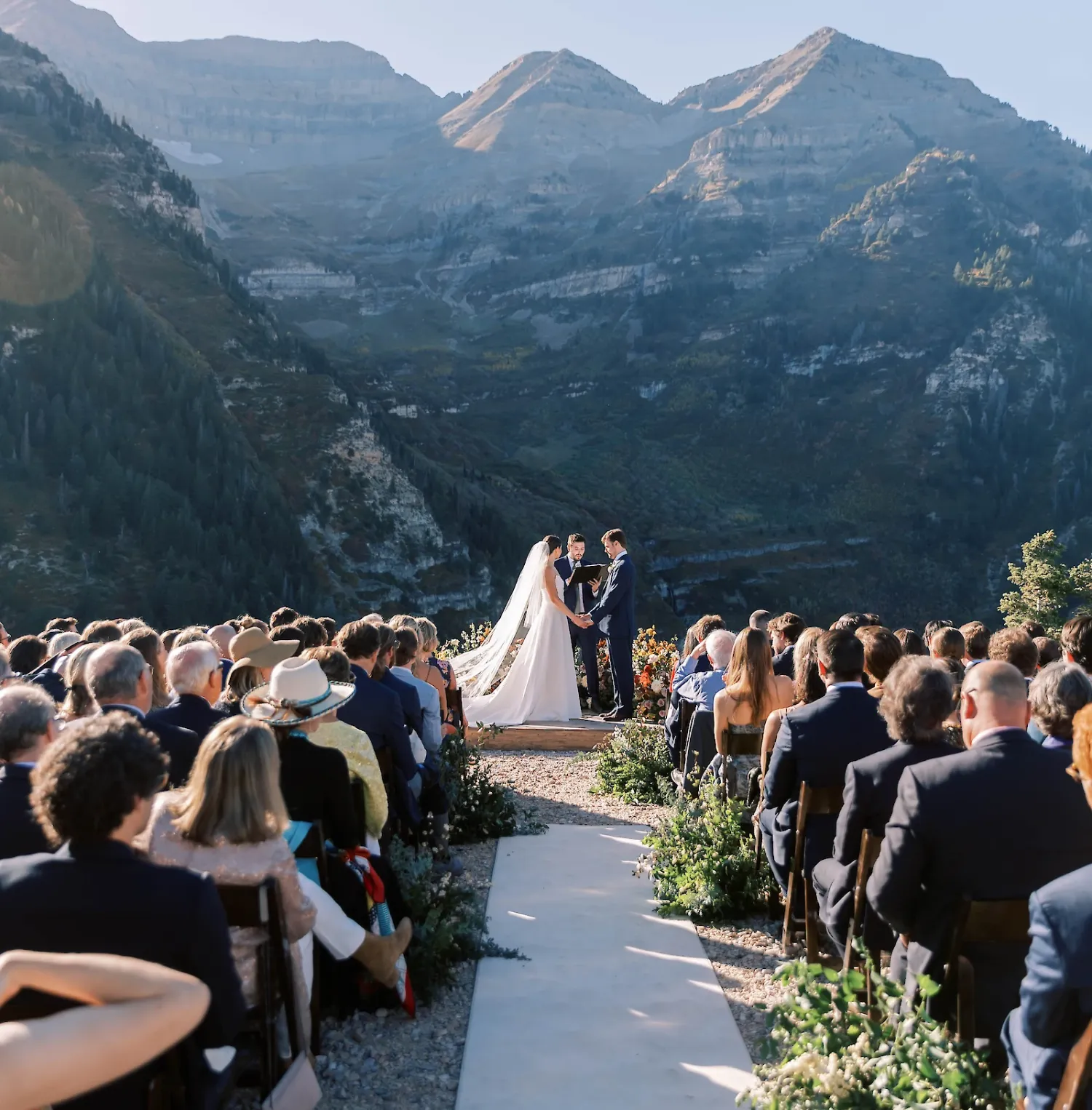 Wedding ceremony at Sundance Resort in Sundance, Utah. Mountain wedding backdrop at Mandan Summit.