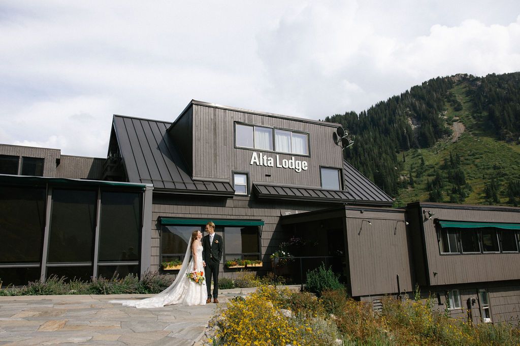Bride and groom at Alta Lodge in Alta, Utah