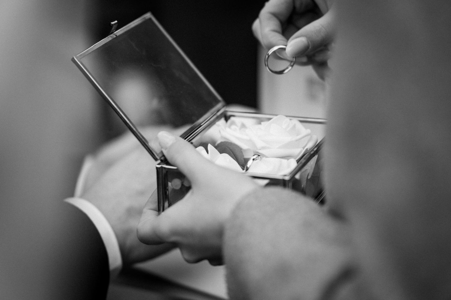 Hochzeit im Standesamt Dortmund, Detailaufnahme der Eheringe im Ringkästchen