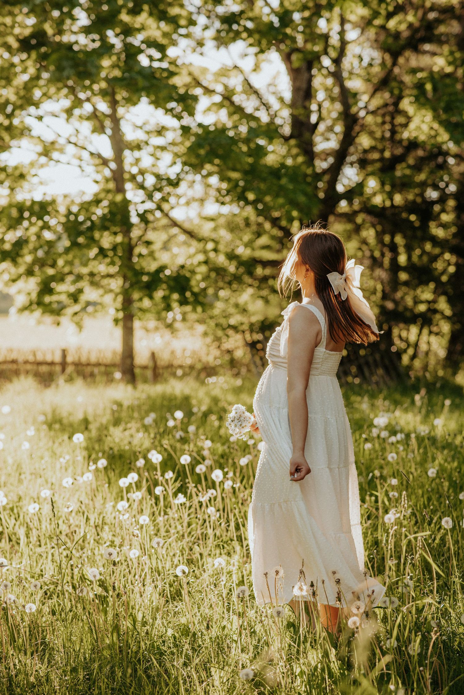 Ethereal sunset photography in a meadow filled with white dandelions and tall grass.