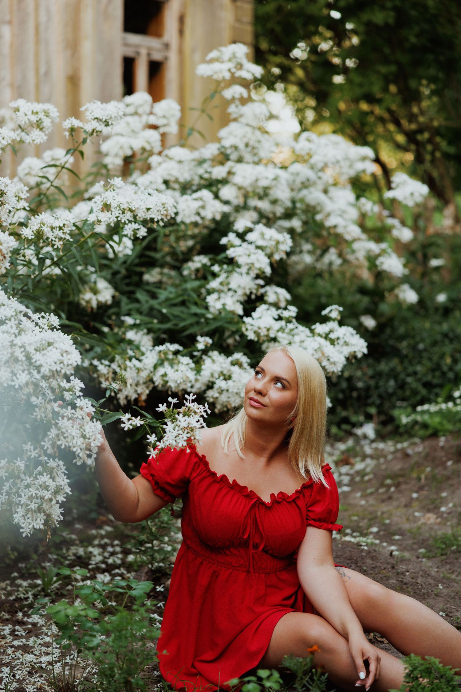 Woman in red dress sitting by blooming white flowers in garden.