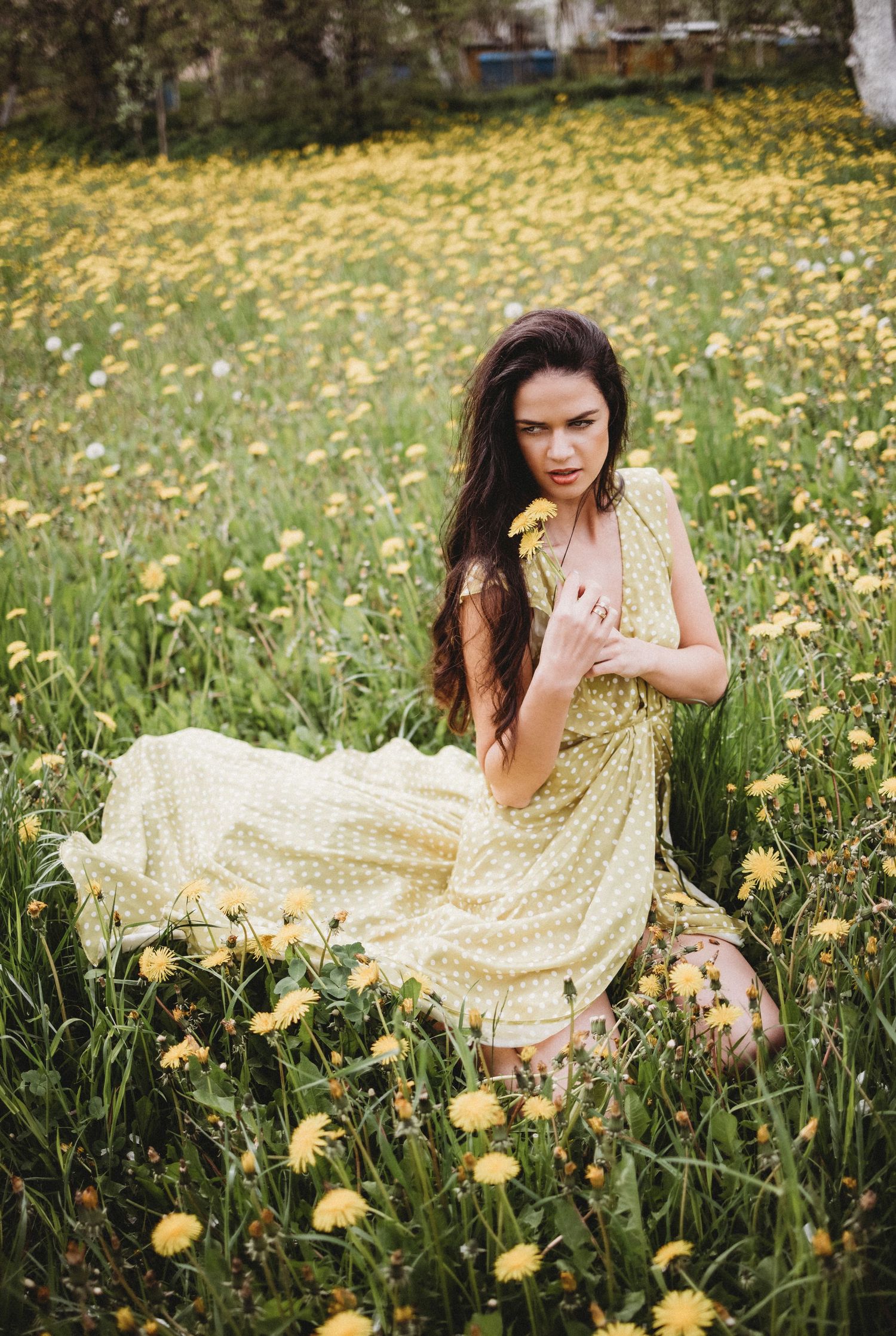 Flowing yellow dress contrasts with green grass and yellow dandelions in artistic portrait series.
