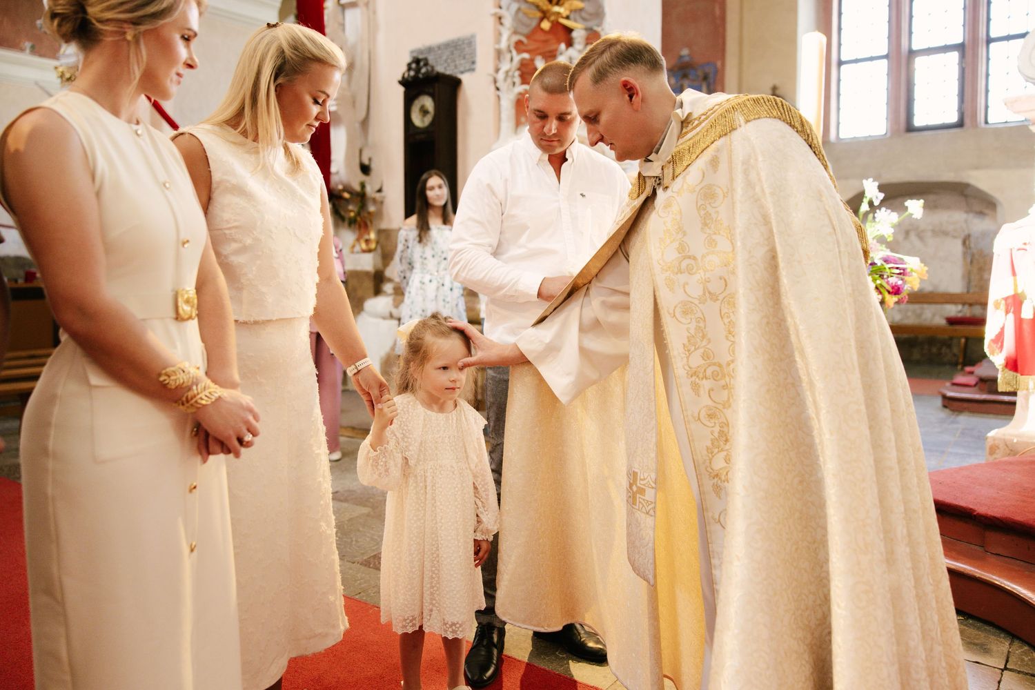 A series of wedding ceremony moments showing couples and clergy during a traditional church service.