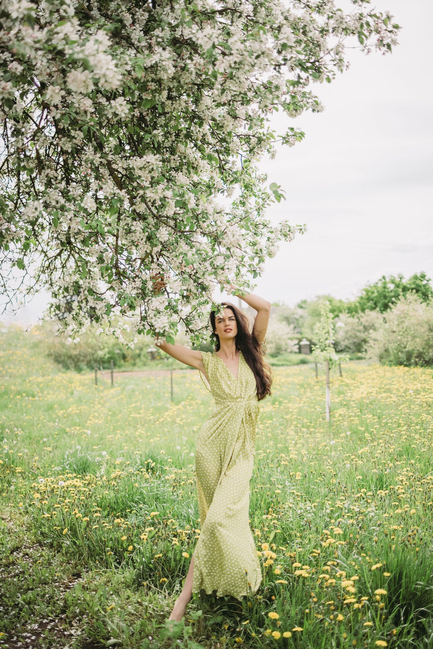 Figure in yellow polka dot dress dances beneath blooming spring tree branches.