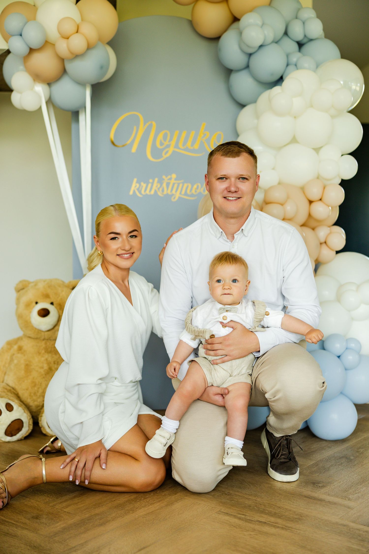 Family portrait setting with pastel balloon arch and teddy bear decorations.