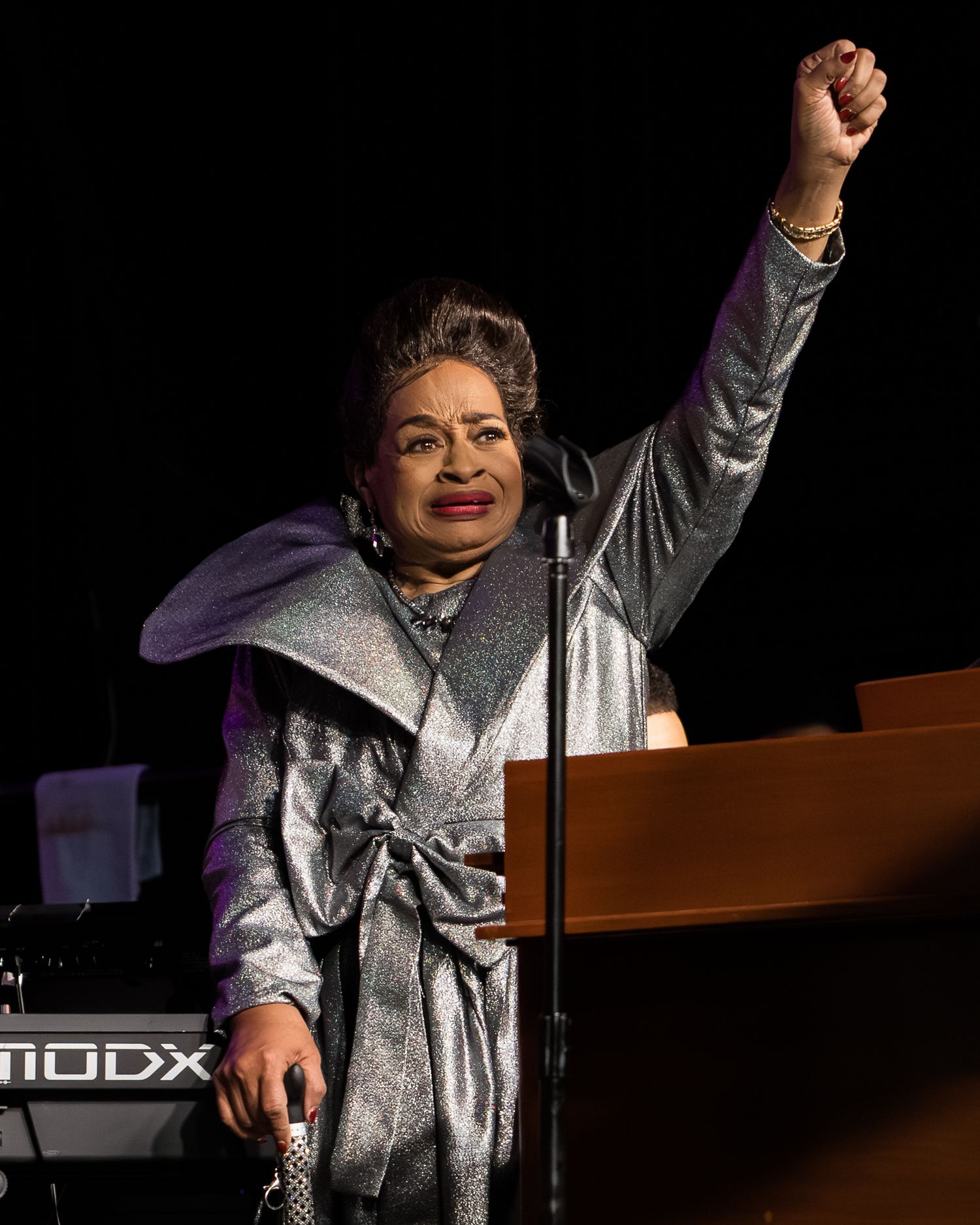 Performer in a silver jacket plays a keyboard instrument on stage with dramatic lighting and raised fist gestures.