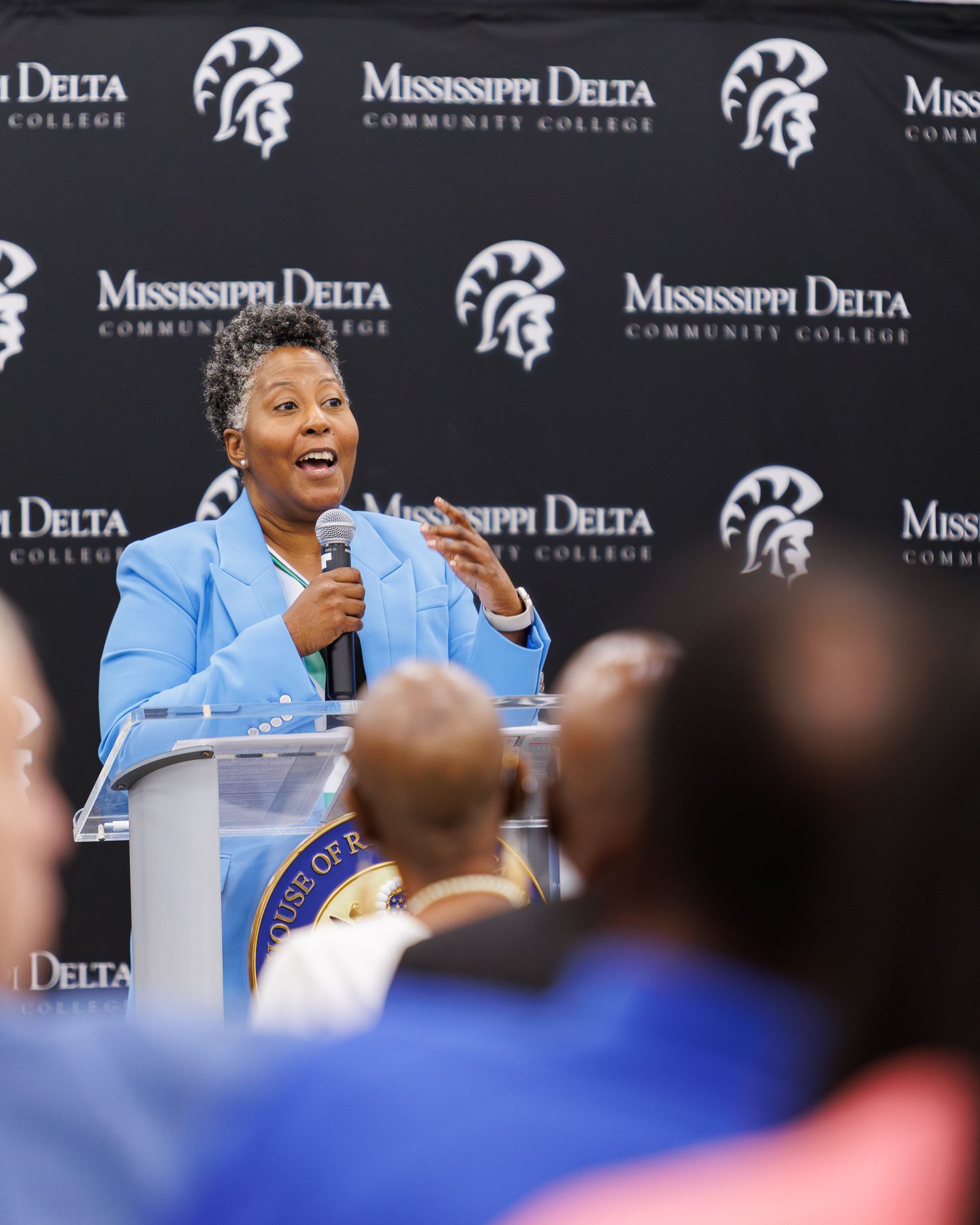 Audience members at Mississippi Delta Community College event engaging with speaker.