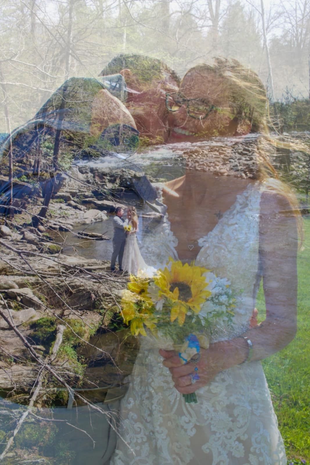 A double exposure wedding photo combining nature scenes with a sunflower bouquet.