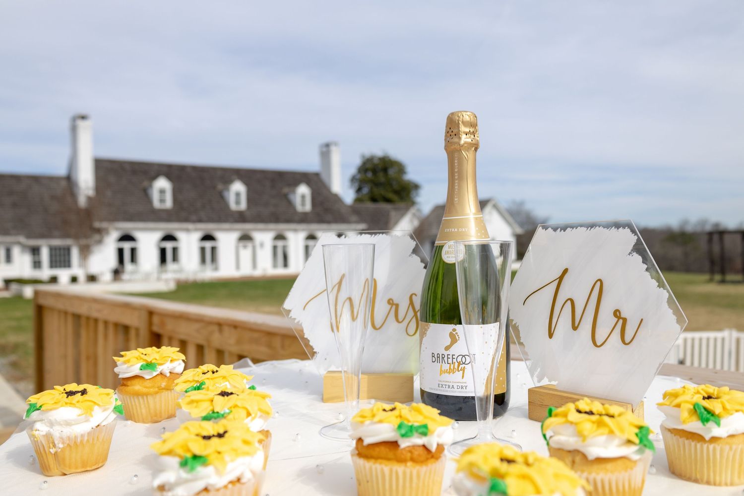 Wedding reception table with champagne, Mr and Mrs signs, and decorated cupcakes.