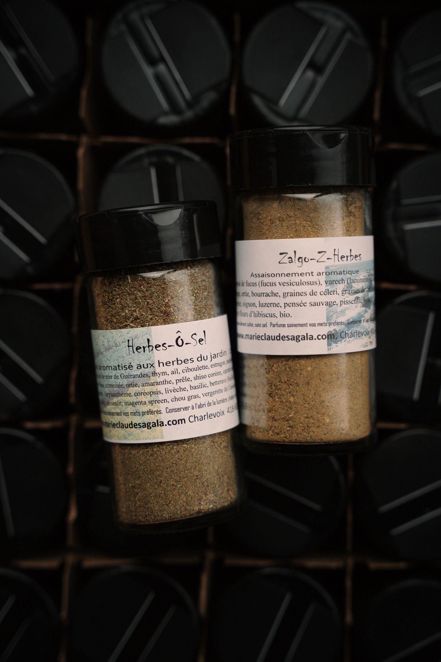 Two spice jars labeled Herbes-O-Sel and Zaloo-Z-Herbes from Charlevoix displayed against a dark background.