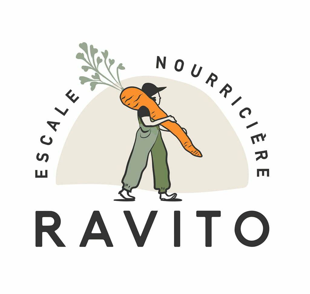 Illustrated logo for Ravito Escale Nourricière showing a person carrying a large carrot.