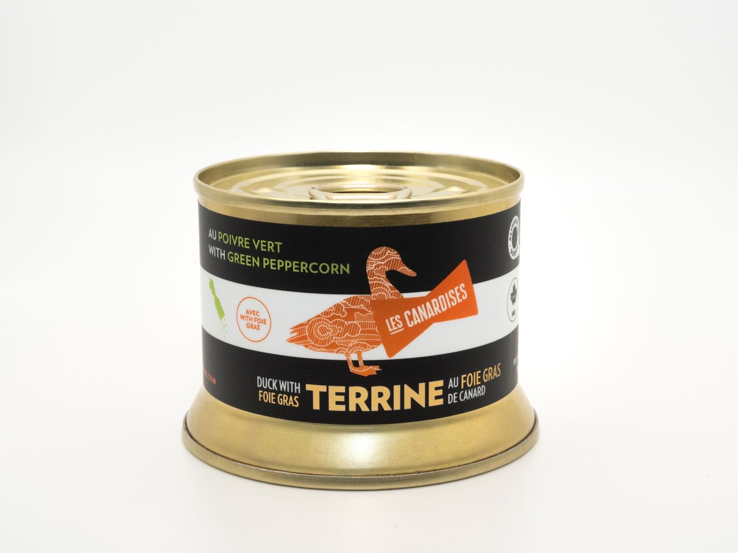 Tin can of Les Camaristes duck and foie gras terrine with green peppercorn on a white background.