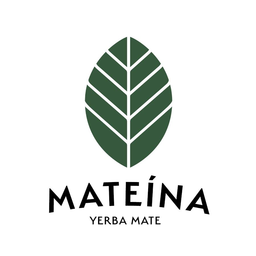 Green leaf illustration logo for Mateína Yerba Mate with detailed vein pattern design.