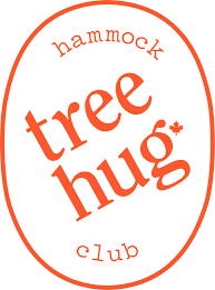 Orange oval badge logo for Tree Hug Hammock Club with retro-style curved typography.