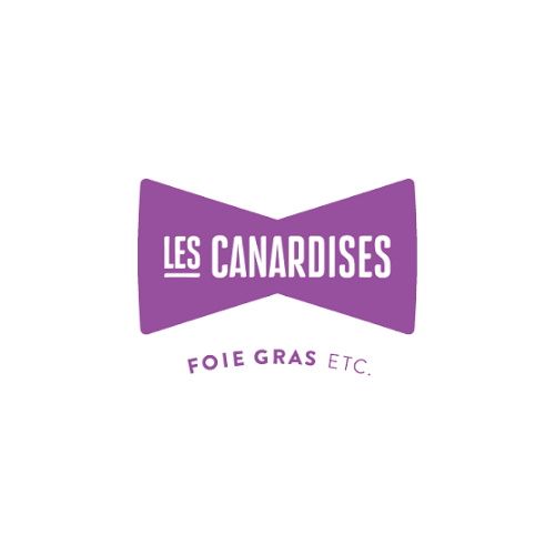 Les Canardises foie gras brand logo featuring a purple bow tie design on white background.