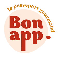 Bon App le passeport gourmand circular logo in red and beige with bold typography.