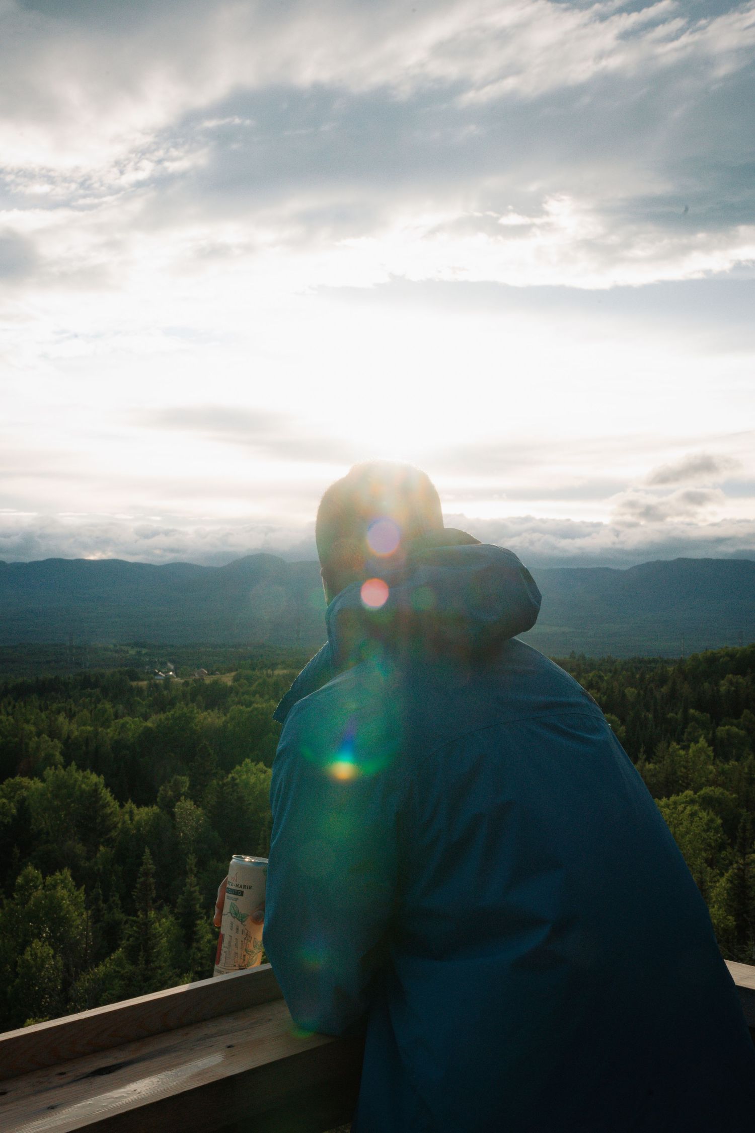 Person in blue jacket standing on wooden deck overlooking vast green forest with sun flare.
