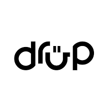 Modern black and white logo for Drup with creative letterforms incorporating a plug icon.