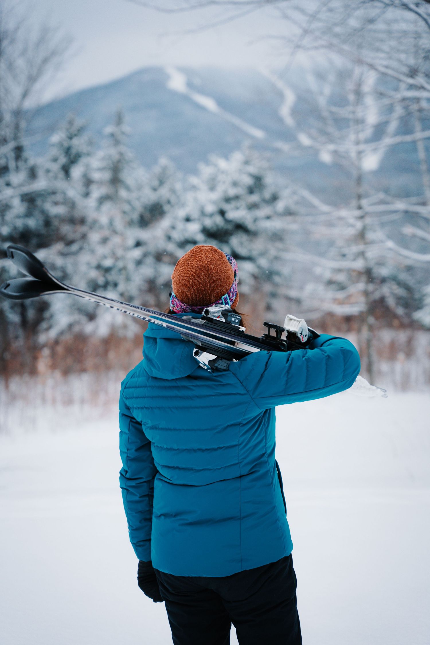 Skier in blue jacket carrying skis on shoulder facing snowy mountain landscape from behind.