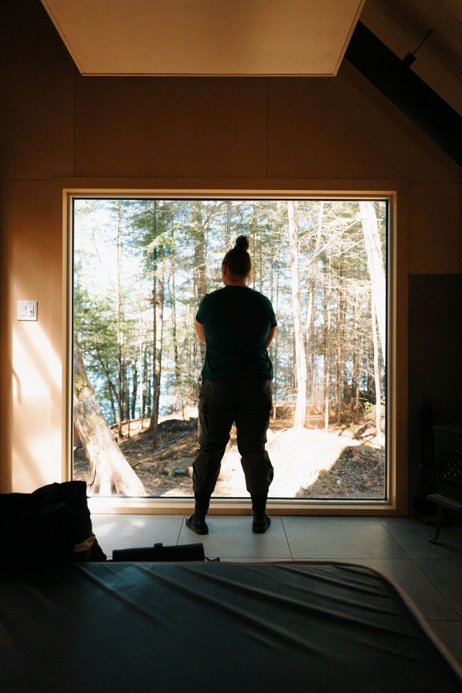 Woman silhouetted against a large picture window overlooking a sunlit forest in a modern cabin.