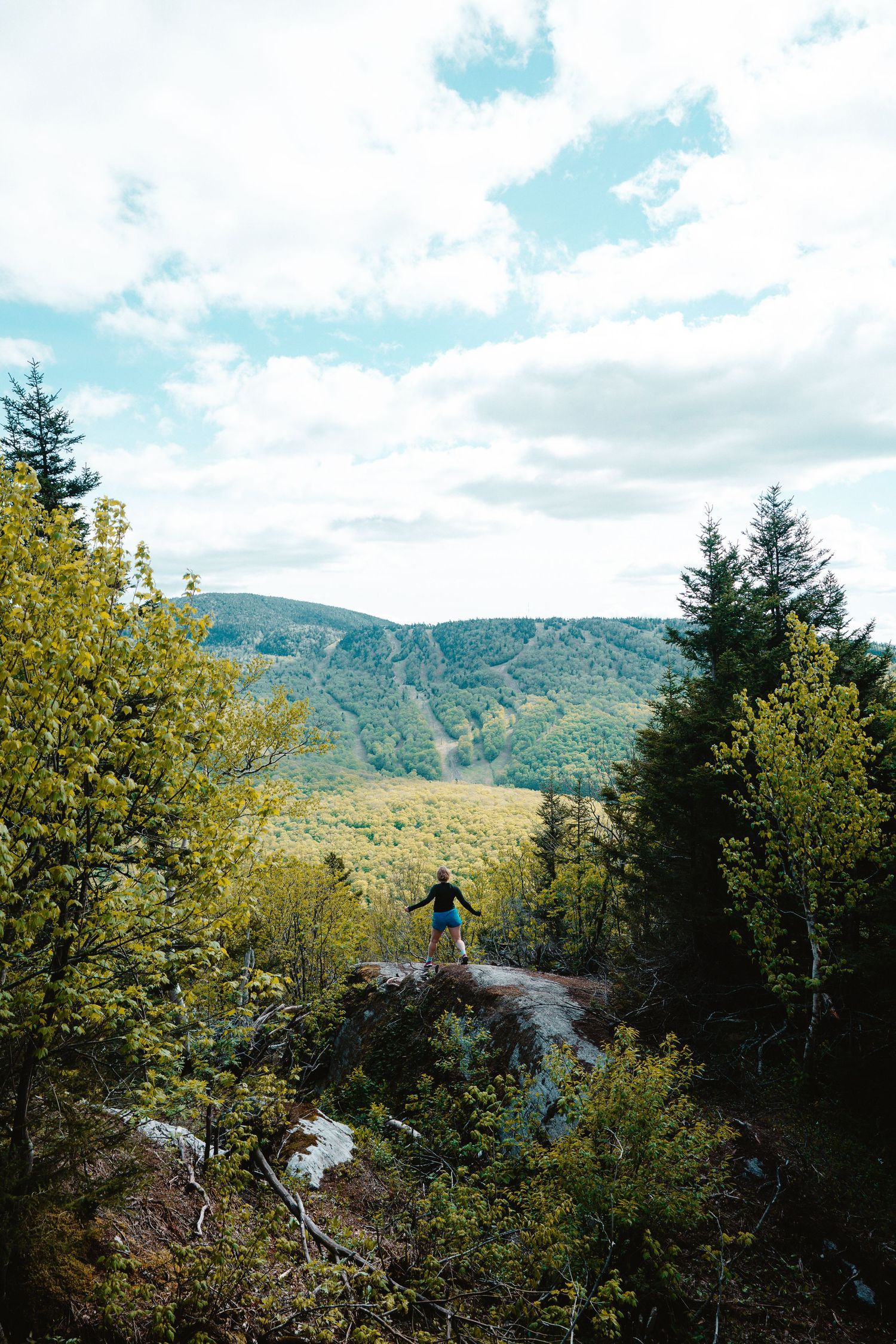 Hiker standing on a rocky outcrop surrounded by lush green trees with mountain views under cloudy skies.
