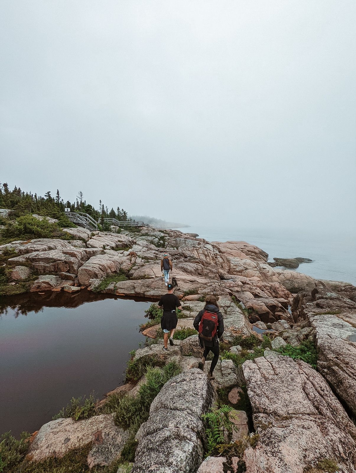 Two hikers navigating rugged coastal rocks beside a dark pool on a foggy overcast day near the ocean.