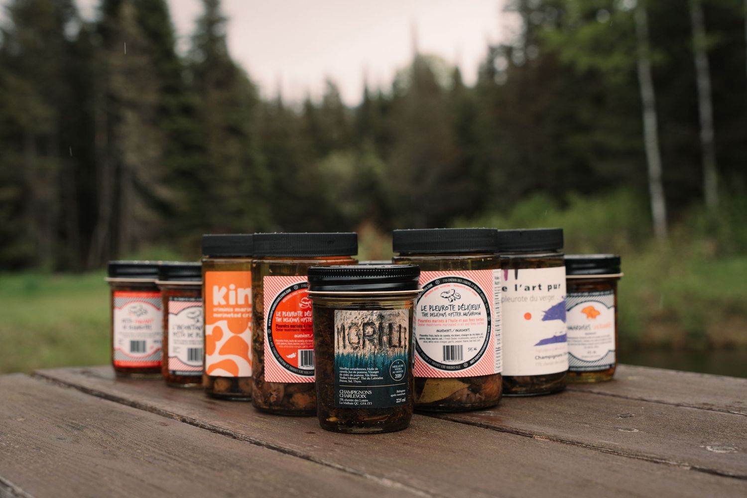 Collection of assorted artisan food product jars displayed on a wooden surface with forest backdrop.
