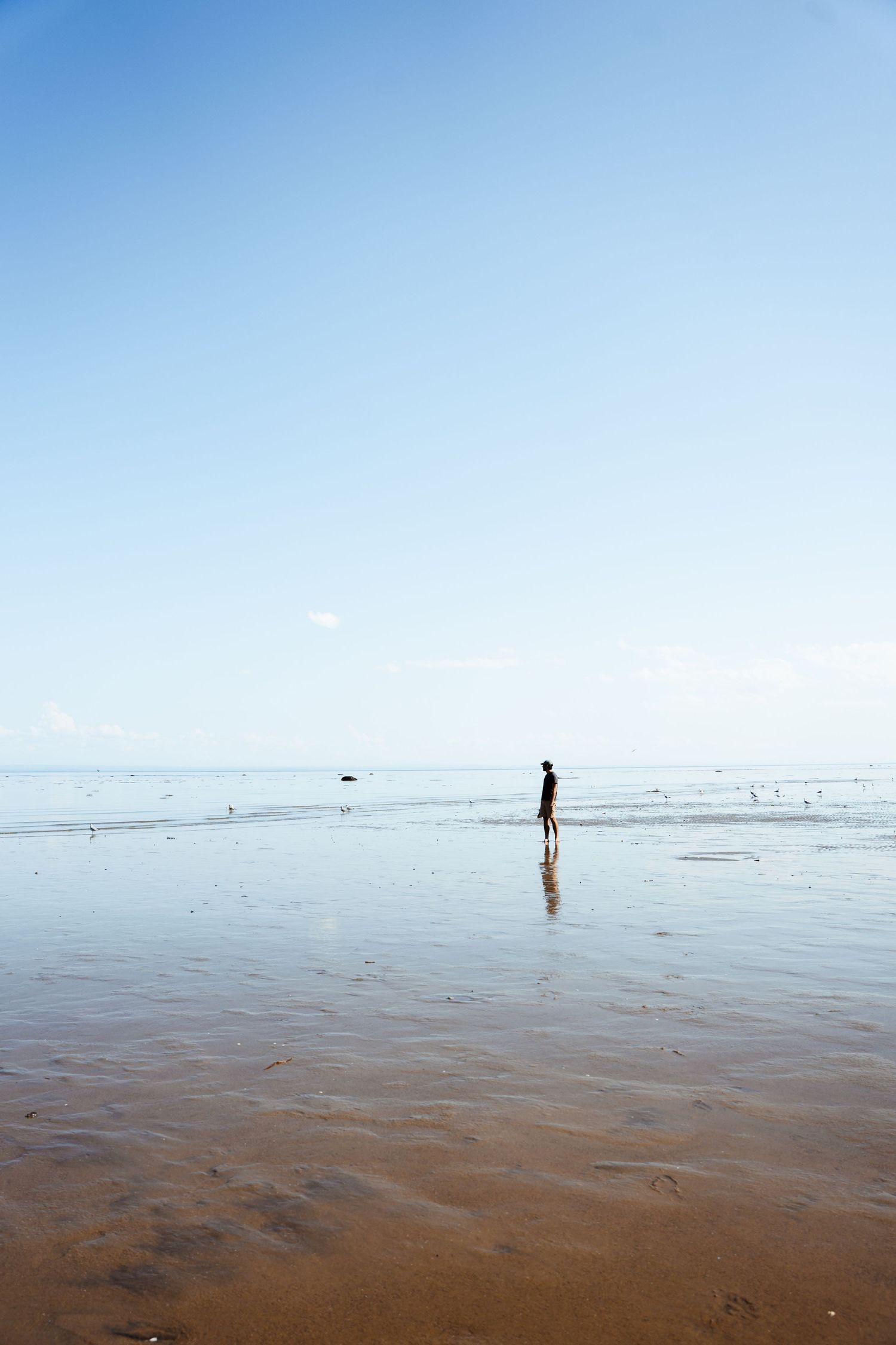 A solitary figure stands in shallow tidal flats on a wide open sandy beach under a clear blue sky.