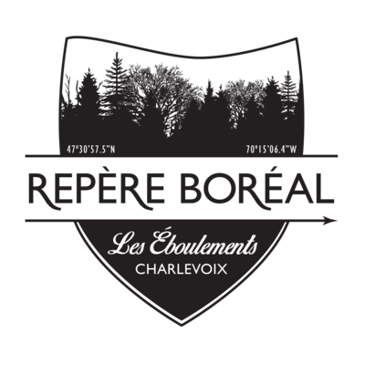Black and white badge logo for Repère Boréal Les Éboulements Charlevoix with forest treeline illustration.