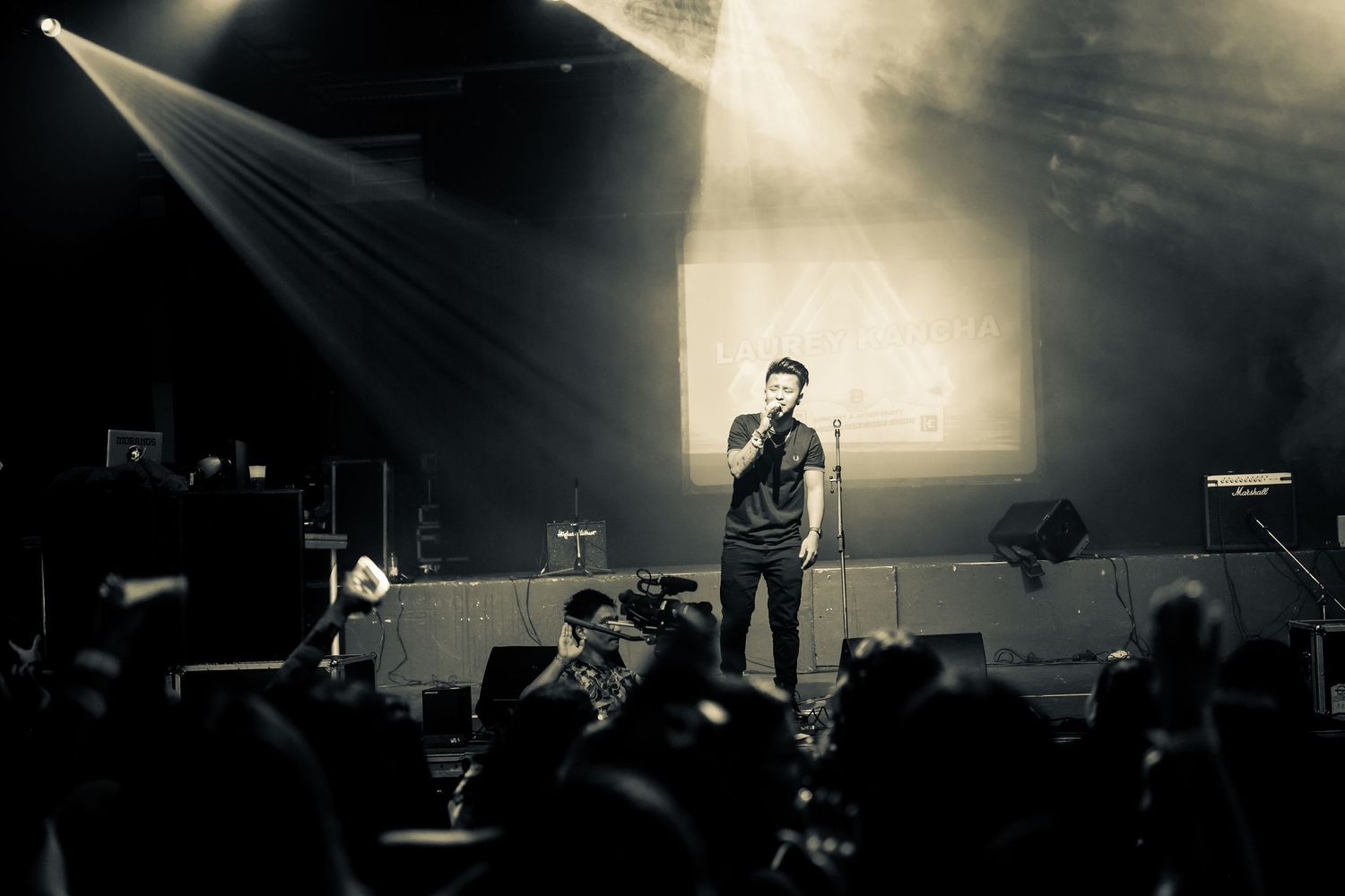 Concert performer silhouetted on stage with dramatic spotlight beam in moody black and white atmosphere.
