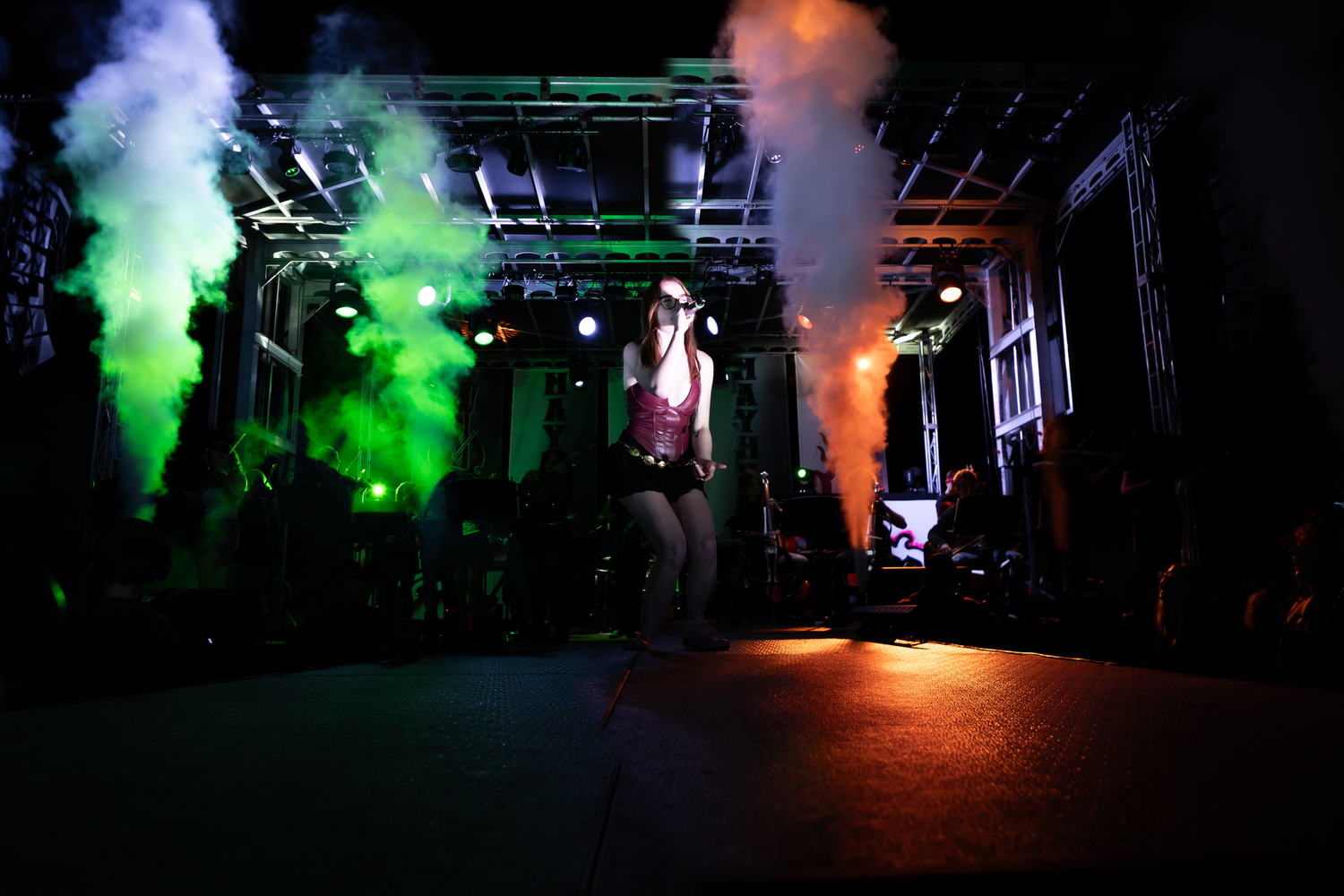Performer on stage with green smoke and dramatic lighting at a live music event.