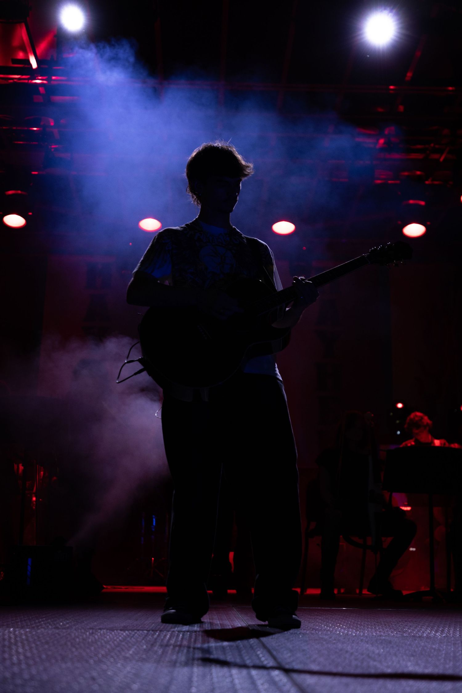Silhouette of guitarist on stage surrounded by blue smoke and red concert lights during live performance.