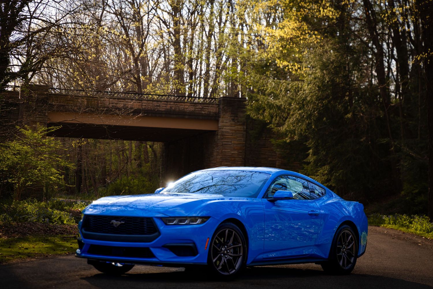 Bright blue performance car photographed against a backdrop of autumn trees.