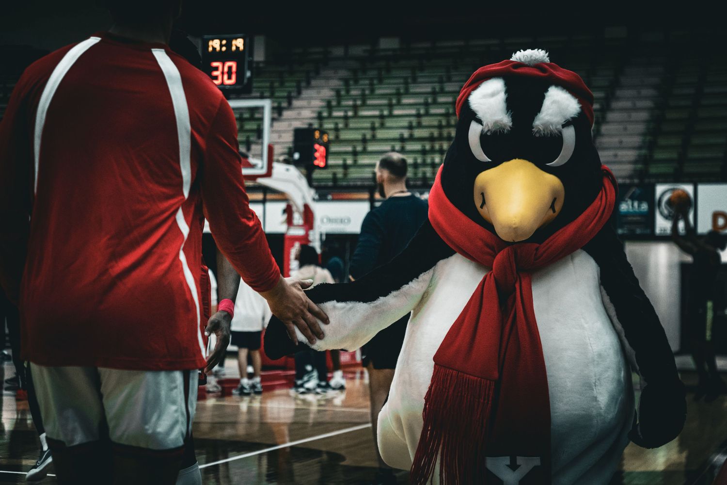 Mascot in costume watches basketball game from sidelines of indoor court.