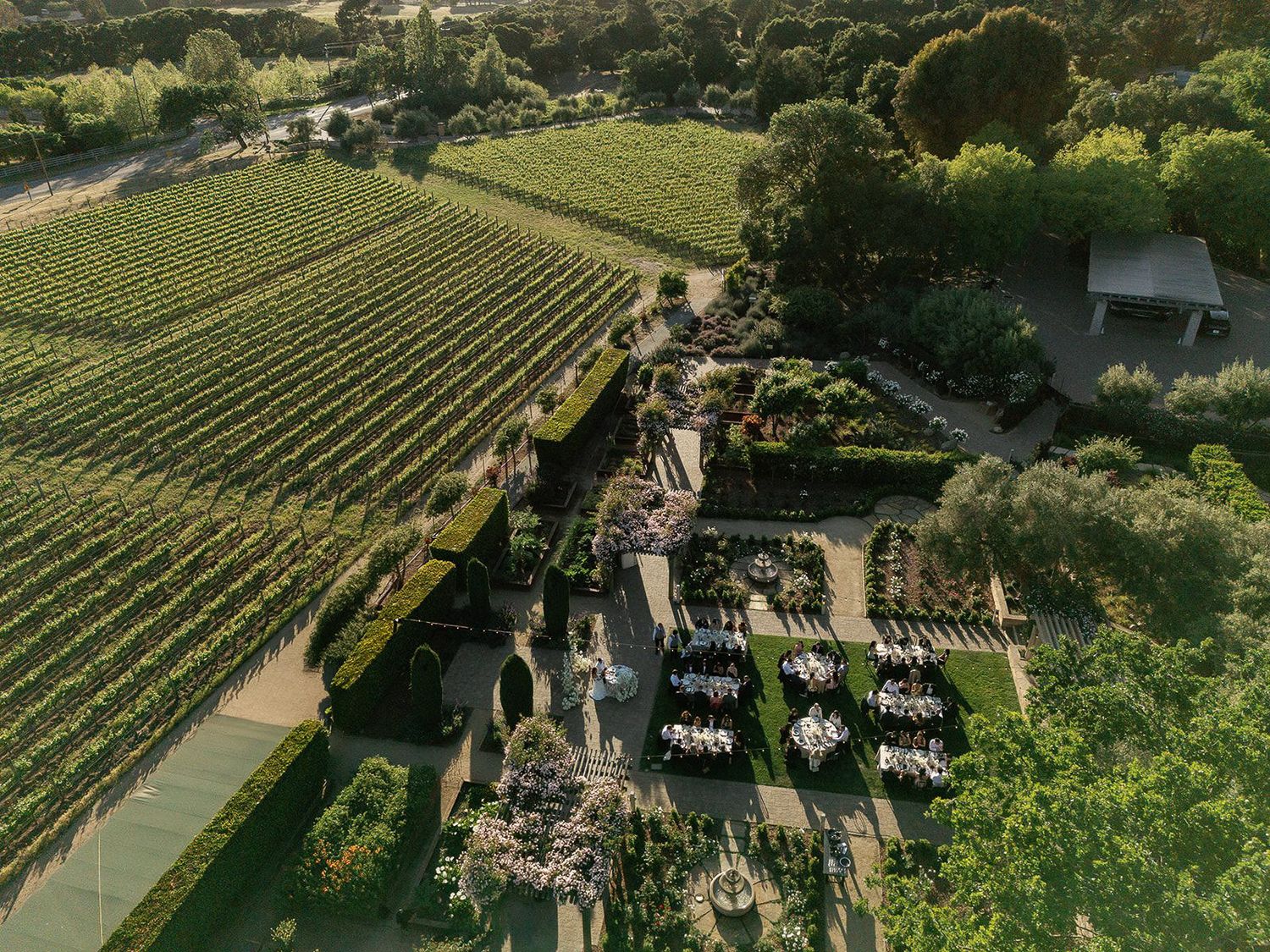 Aerial wedding reception photography at Bernardus Lodge & Spa in Carmel Valley, California.