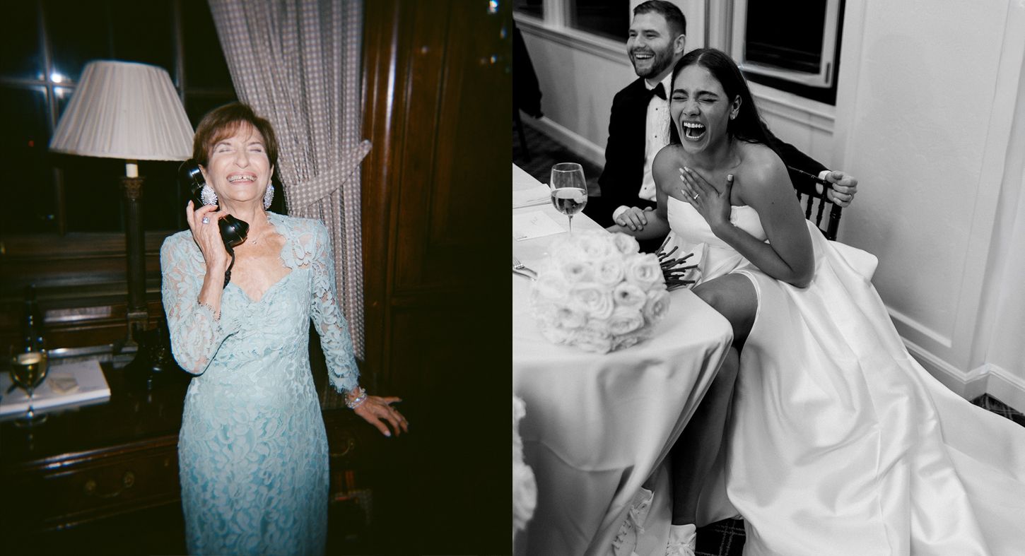 Candid moments of wedding guests enjoying themselves during an evening reception.