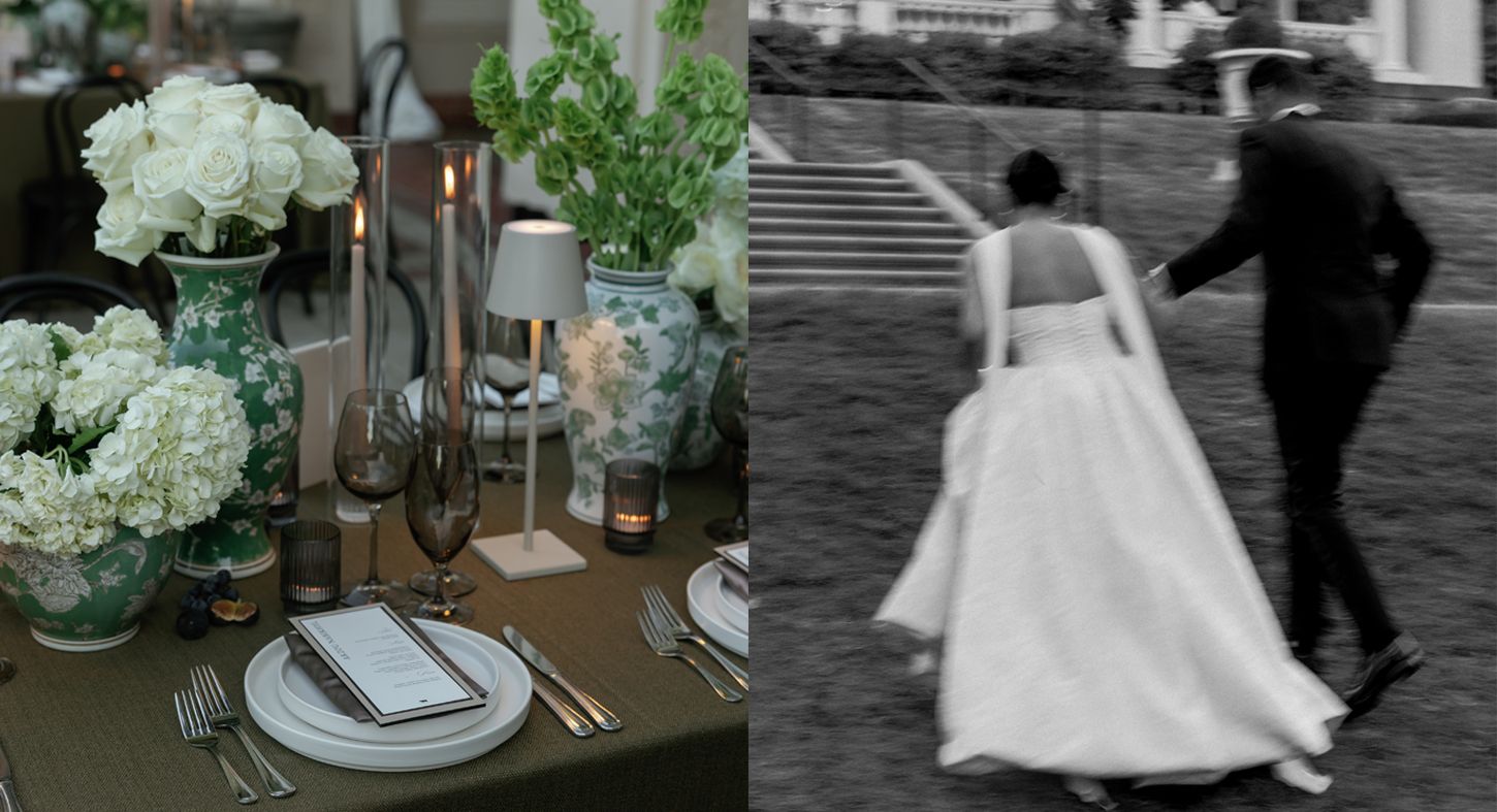 Elegant wedding reception table settings with white floral centerpieces and crystal glassware.