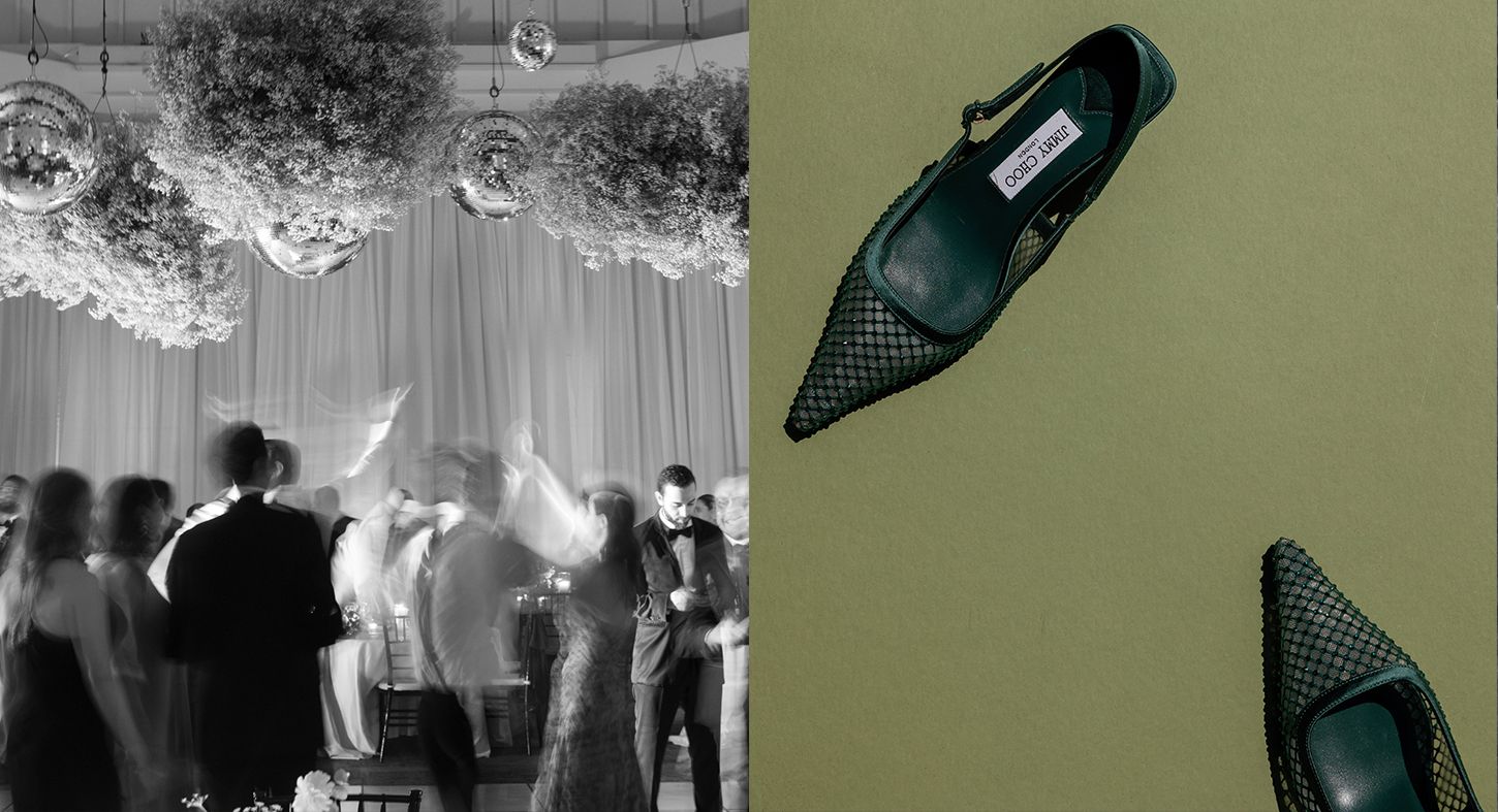 Artistic wedding detail shots featuring shoes, decor and reception moments in mixed lighting.