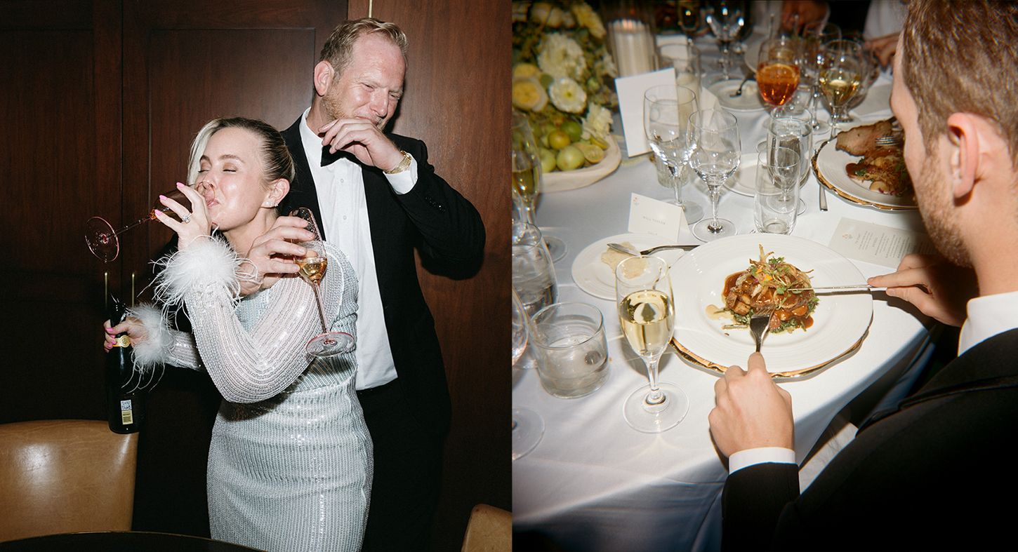 Candid reception moments showing guests dining and socializing at elegantly set tables.