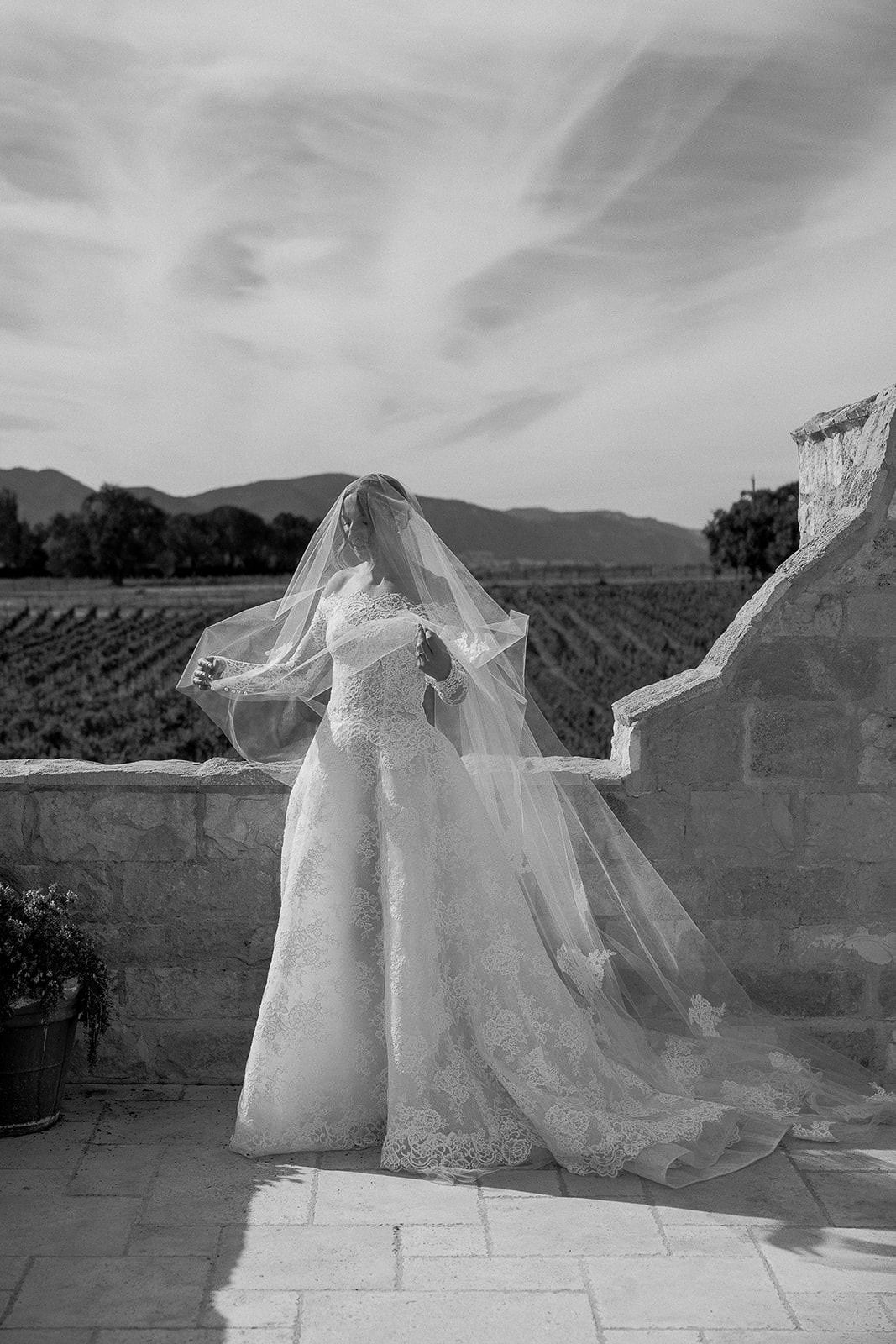 Bridal portrait photography of the bride at Sunstone Winery in Santa Ynez, California.