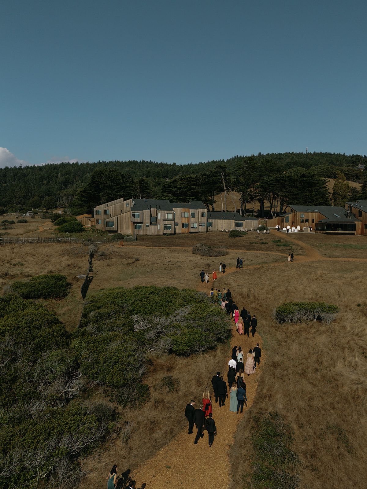 Sea Ranch Lodge Wedding guests walking to cocktail hour, photographed on Drone