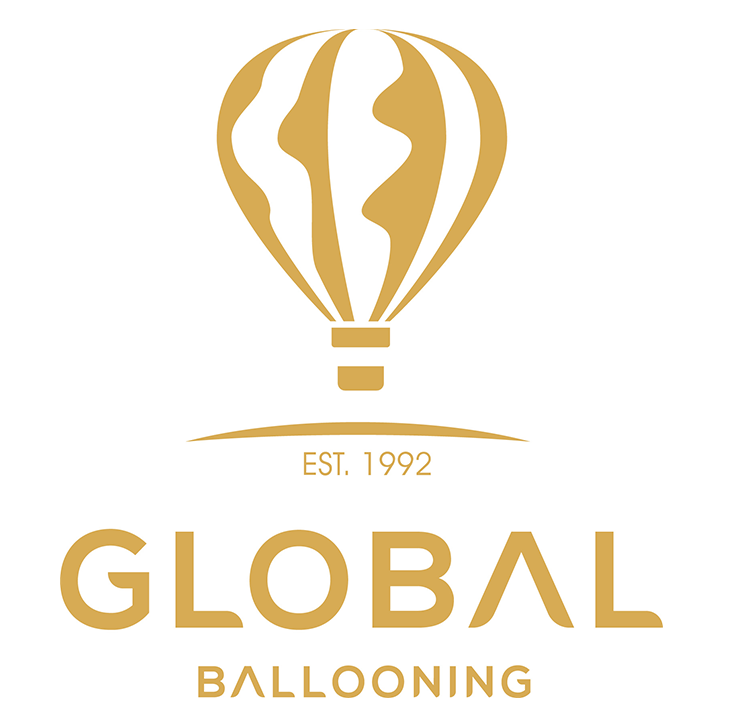 Elegant golden hot air balloon logo with company name and establishment date.