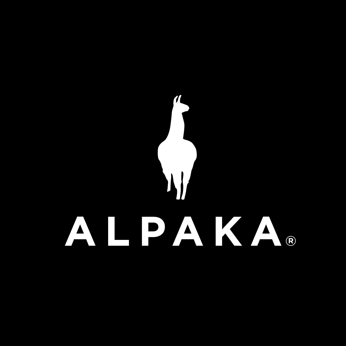 Minimalist black and white logo design featuring alpaca silhouette on dark background.
