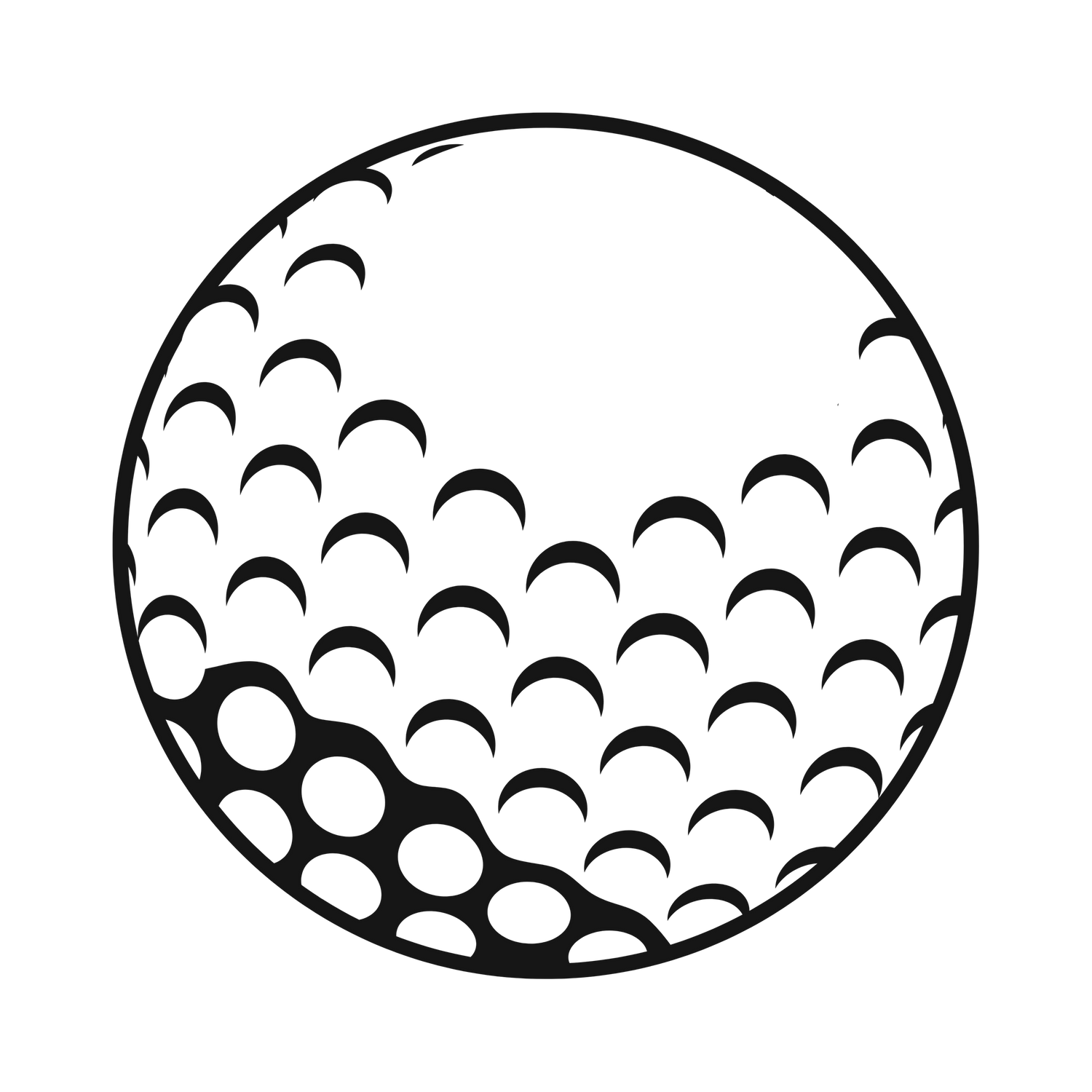 A golf ball shown with dimpled surfaces illustrated in black and white.