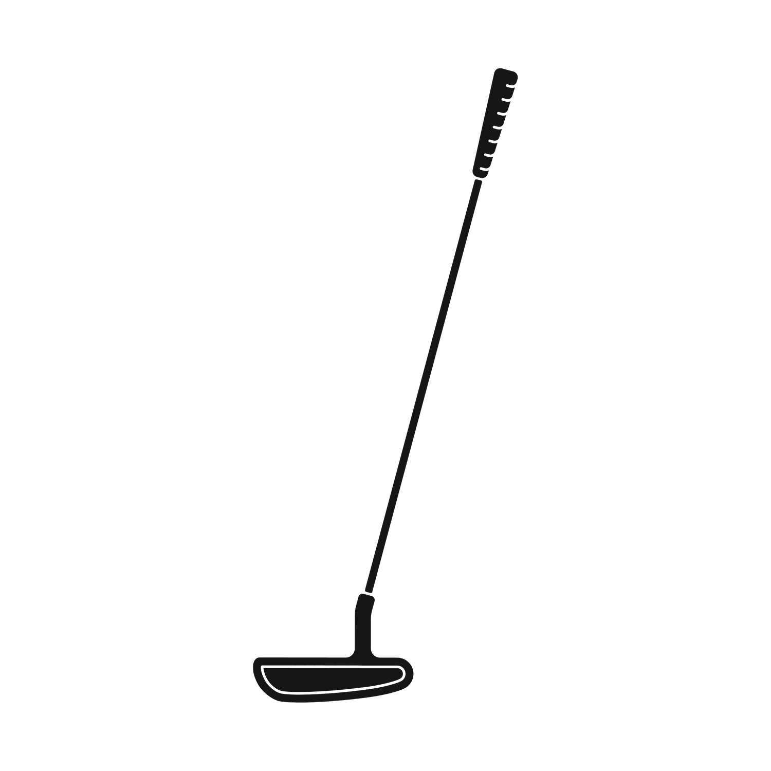 A golf putter positioned on a white background showing its sleek black clubhead design.